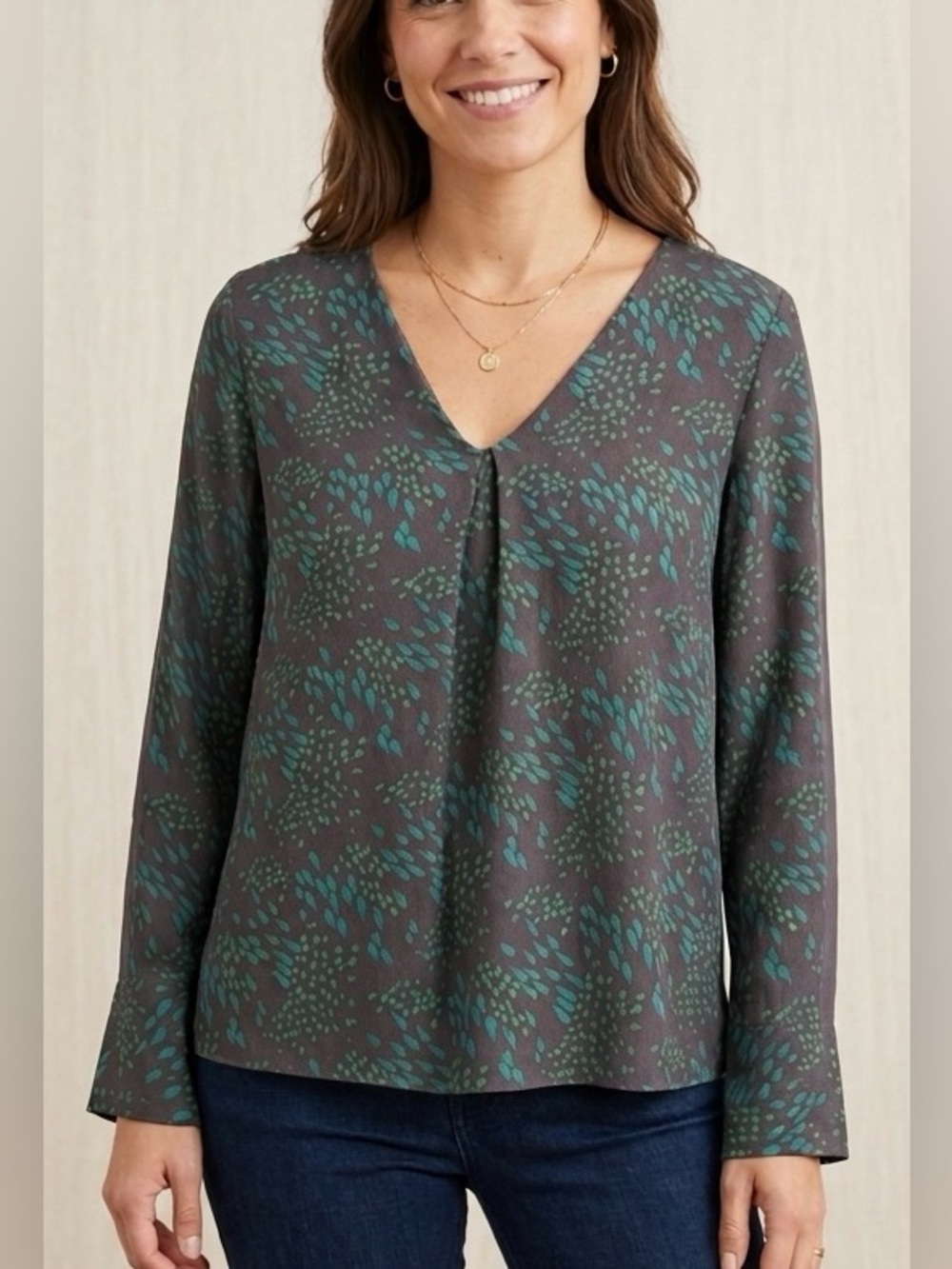 Women's Long-Sleeve Printed Crewneck Top - Teal/Brown